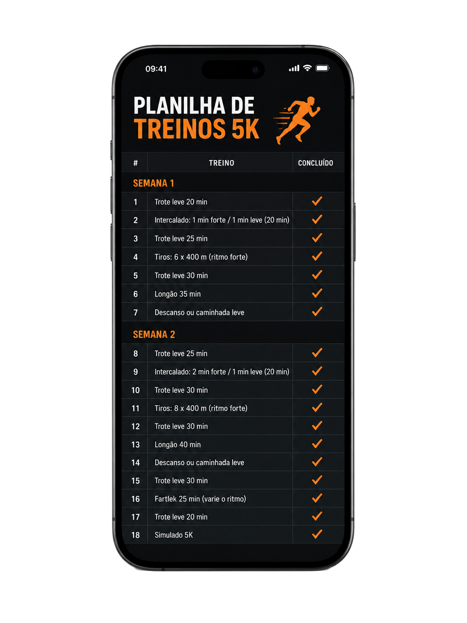 Planilha de treinos 5K aberta no celular